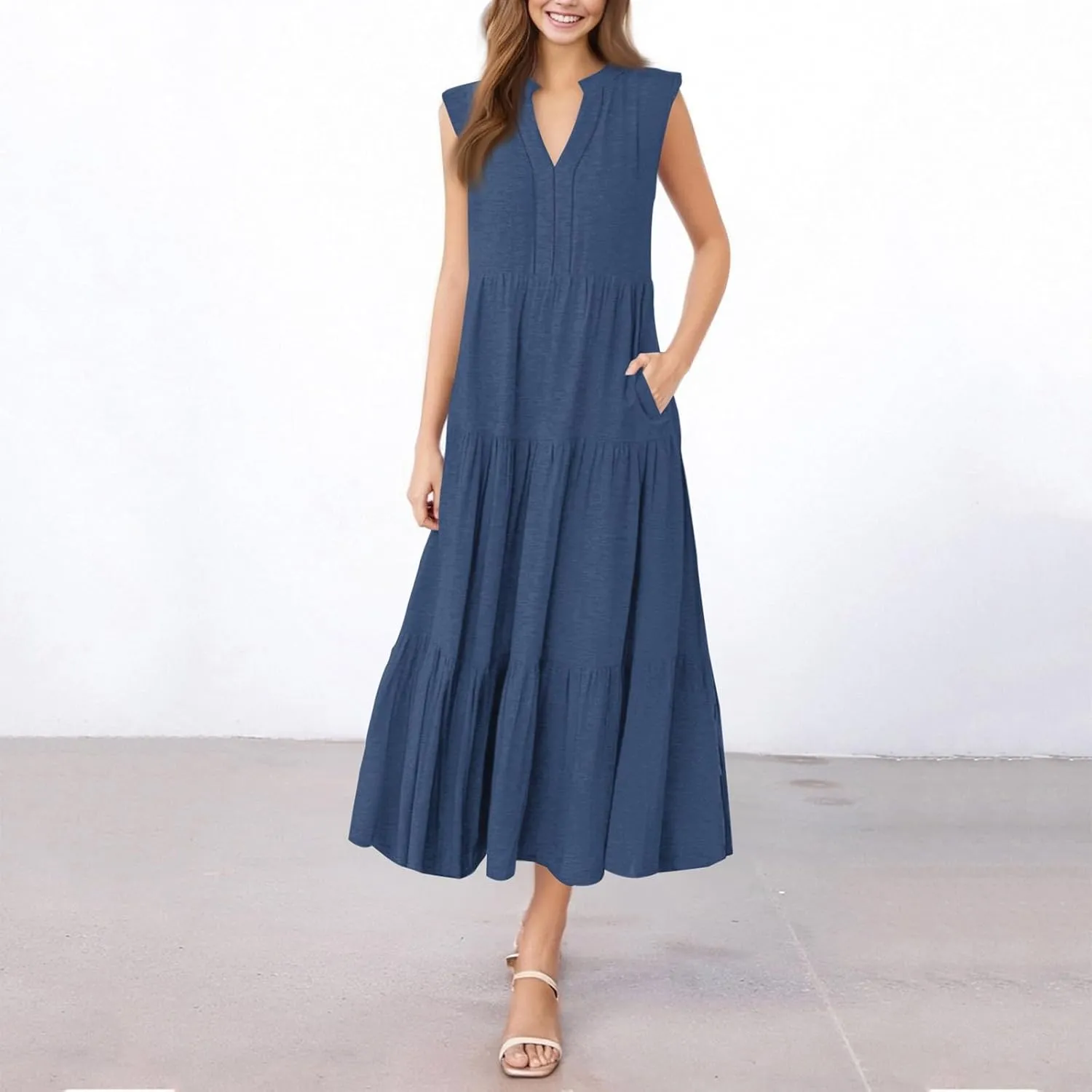 Maxi Dresses for Women 2025 Summer V Neck Tiered Sleeveless Long Dress Casual Pleated Boho Beach Vacation Tank Dress