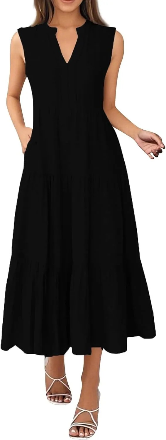 Maxi Dresses for Women 2025 Summer V Neck Tiered Sleeveless Long Dress Casual Pleated Boho Beach Vacation Tank Dress