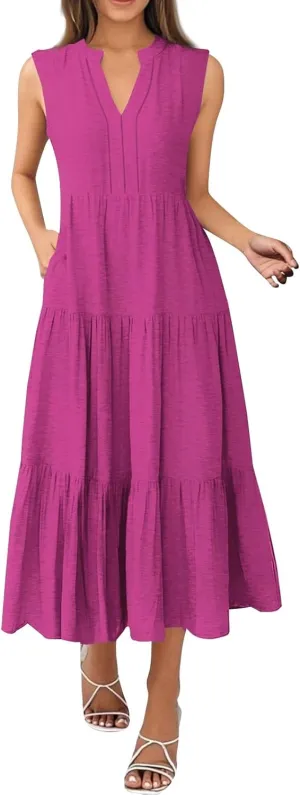 Maxi Dresses for Women 2025 Summer V Neck Tiered Sleeveless Long Dress Casual Pleated Boho Beach Vacation Tank Dress
