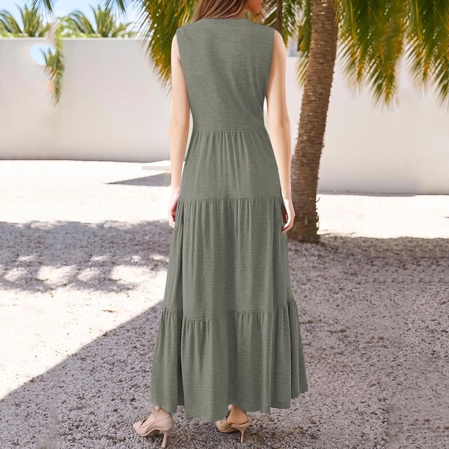 Maxi Dresses for Women 2025 Summer V Neck Tiered Sleeveless Long Dress Casual Pleated Boho Beach Vacation Tank Dress