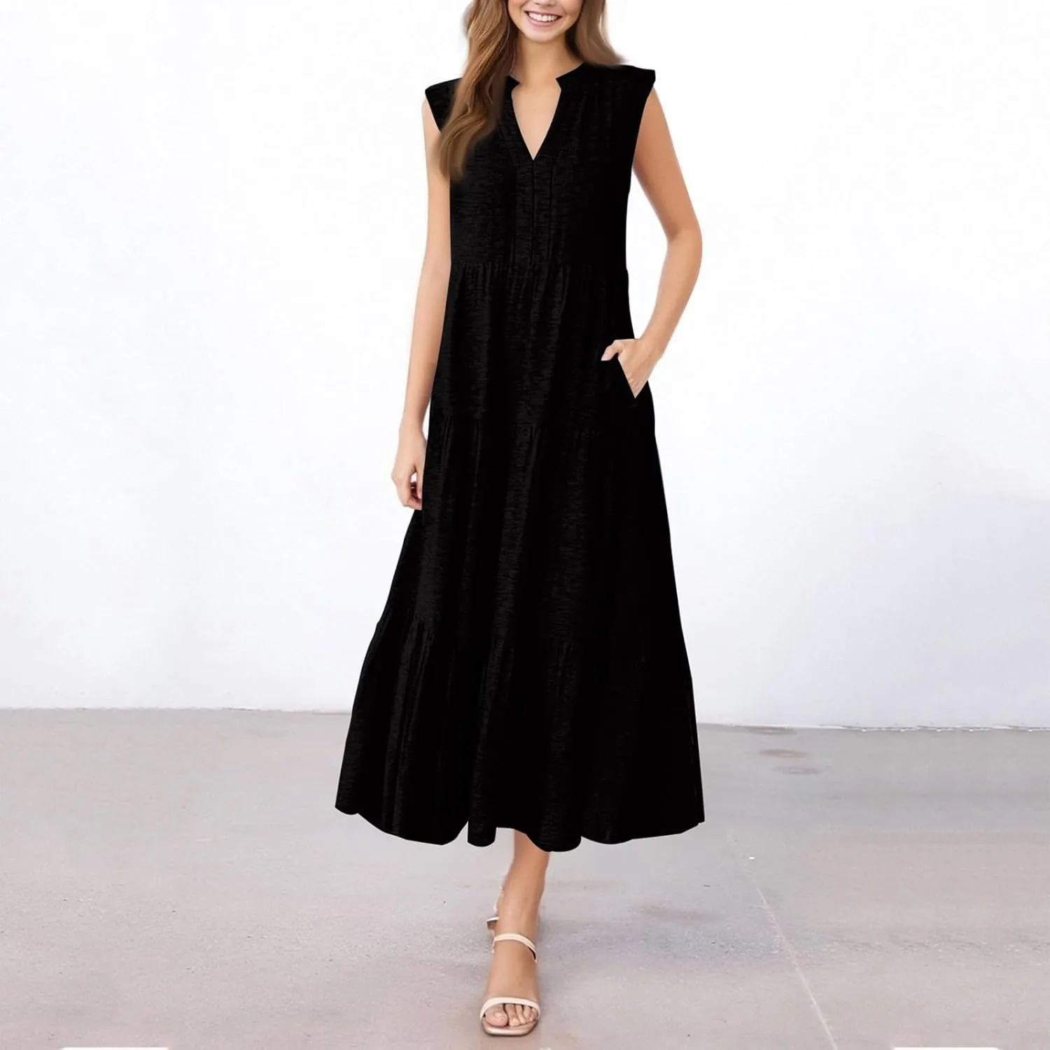 Maxi Dresses for Women 2025 Summer V Neck Tiered Sleeveless Long Dress Casual Pleated Boho Beach Vacation Tank Dress