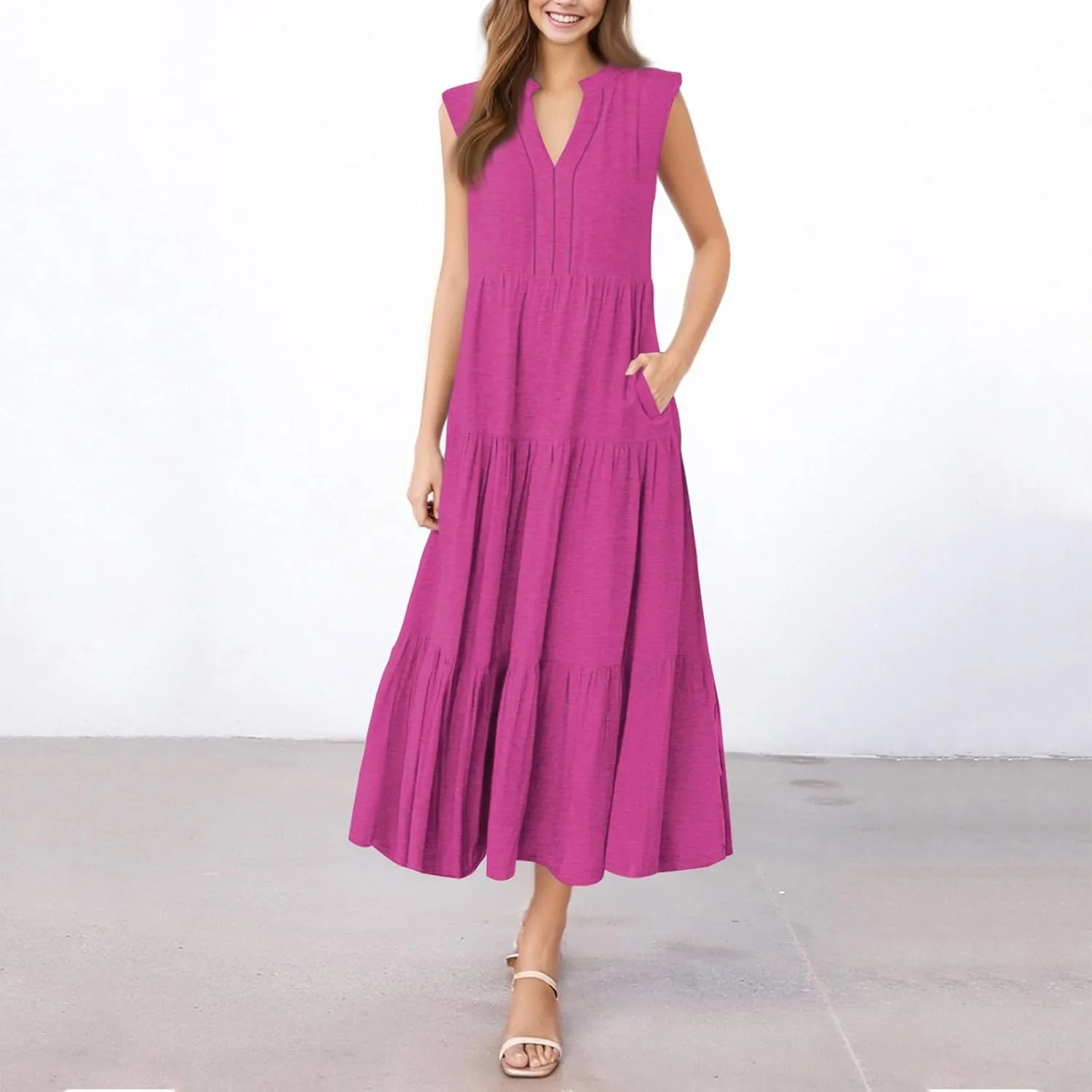 Maxi Dresses for Women 2025 Summer V Neck Tiered Sleeveless Long Dress Casual Pleated Boho Beach Vacation Tank Dress