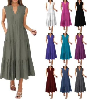 Maxi Dresses for Women 2025 Summer V Neck Tiered Sleeveless Long Dress Casual Pleated Boho Beach Vacation Tank Dress