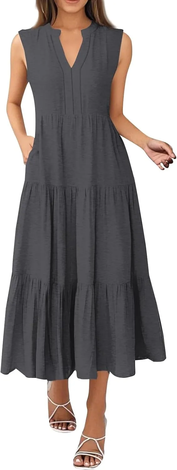 Maxi Dresses for Women 2025 Summer V Neck Tiered Sleeveless Long Dress Casual Pleated Boho Beach Vacation Tank Dress