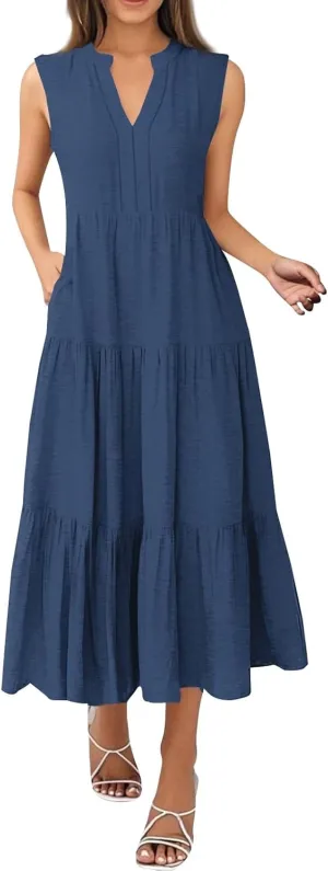 Maxi Dresses for Women 2025 Summer V Neck Tiered Sleeveless Long Dress Casual Pleated Boho Beach Vacation Tank Dress