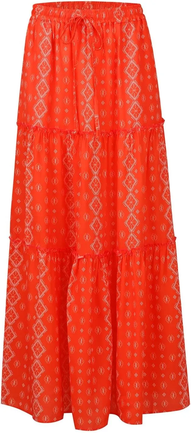 Maxi Skirt for Women 2025 Vacation Summer Tiered High Waisted Skirt Pleated Aline Work Flowy Long Skirts with Pockets