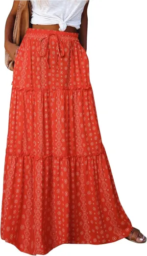 Maxi Skirt for Women 2025 Vacation Summer Tiered High Waisted Skirt Pleated Aline Work Flowy Long Skirts with Pockets