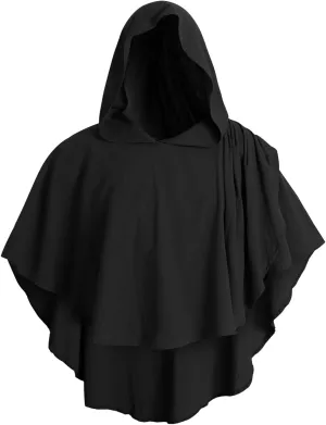 MCJC Adult Medieval Hooded Cloak, Gothic Renaissance Costume Cape, Black Cowl Robe for Halloween