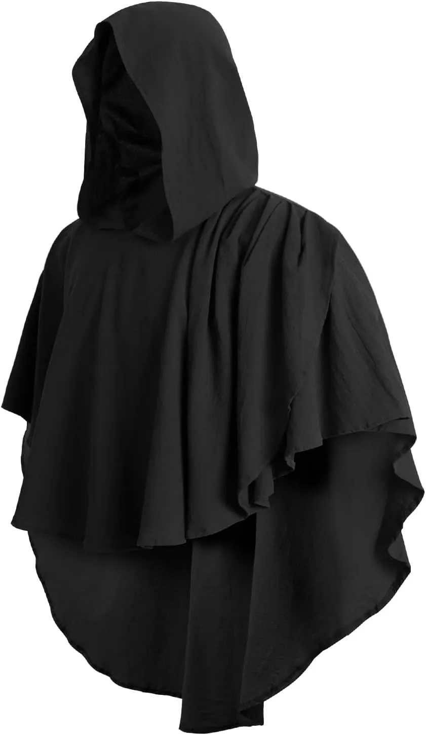 MCJC Adult Medieval Hooded Cloak, Gothic Renaissance Costume Cape, Black Cowl Robe for Halloween