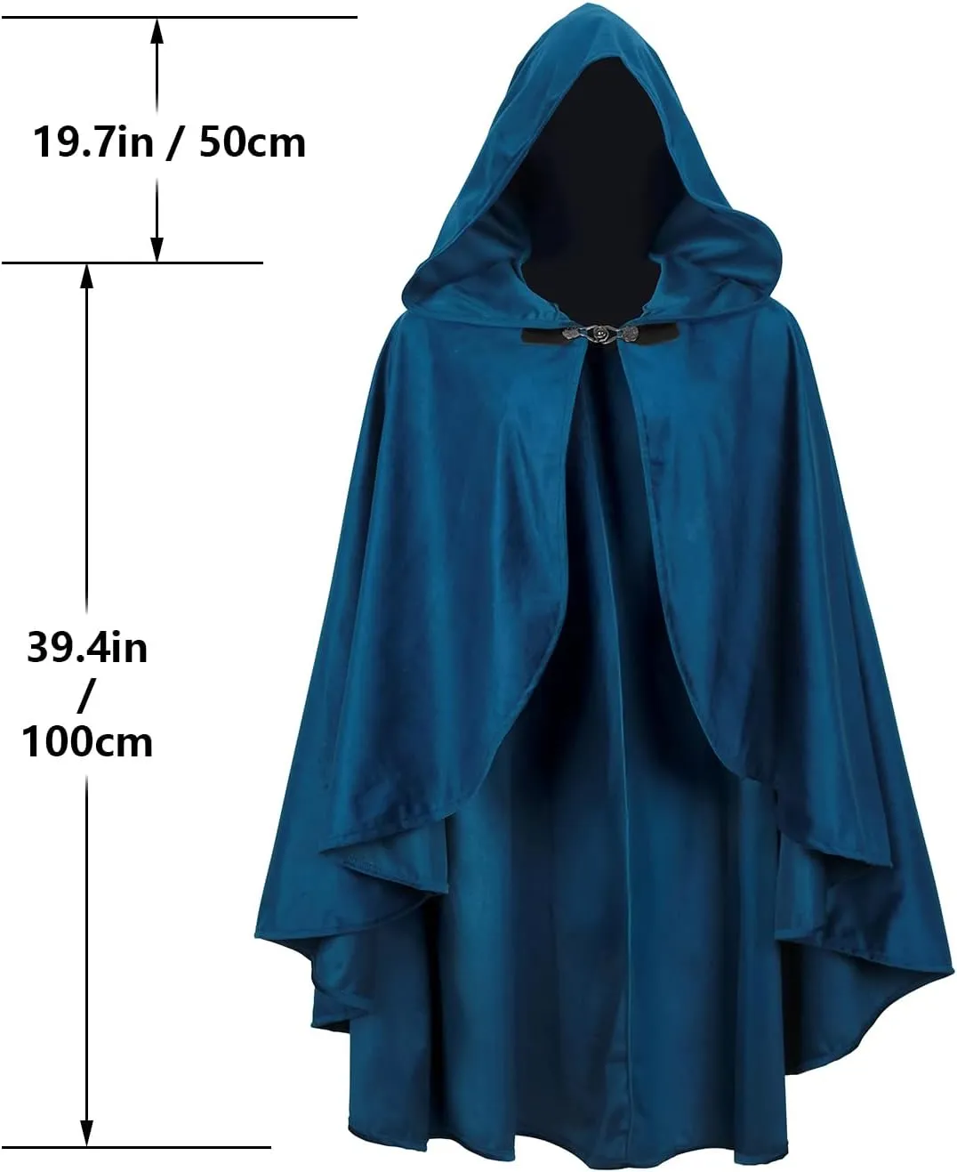MCJC Medieval Hooded Cloak, Halloween Costume Cape, Black Velvet with Hood, Renaissance Robe