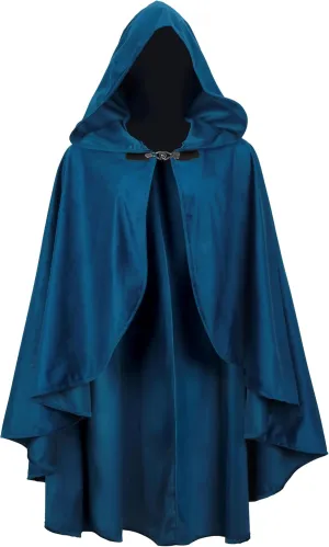 MCJC Medieval Hooded Cloak, Halloween Costume Cape, Black Velvet with Hood, Renaissance Robe
