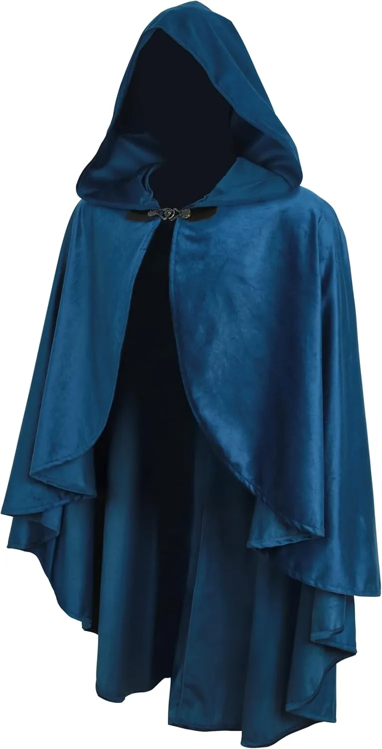 MCJC Medieval Hooded Cloak, Halloween Costume Cape, Black Velvet with Hood, Renaissance Robe