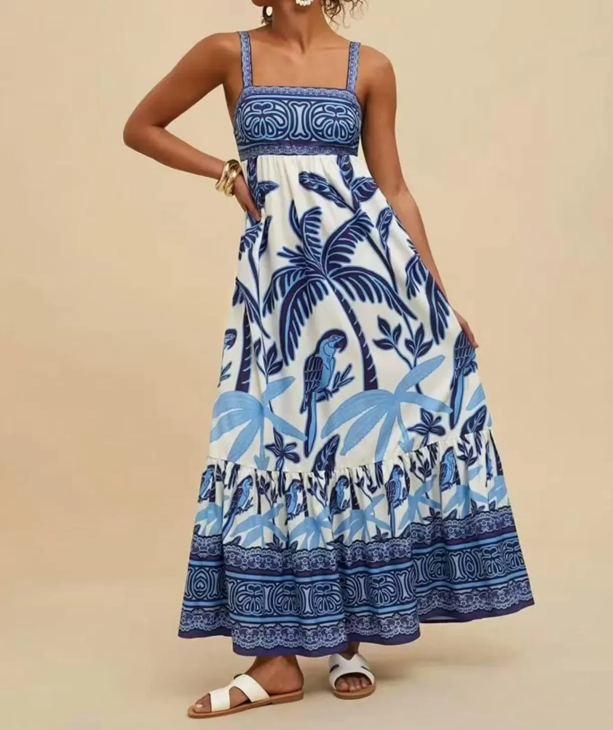 Melliflo Boho Maxi Cami Dress for Women Spaghetti Strap A Line Long Dress Summer Flowy Beach Vacation Tropical Sundress
