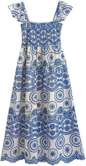 Melliflo Women Casual Bohemian Floral Embroidered Dress Casual Smocked Strap Open Back Swing Shift Sundress Party Beach Dress