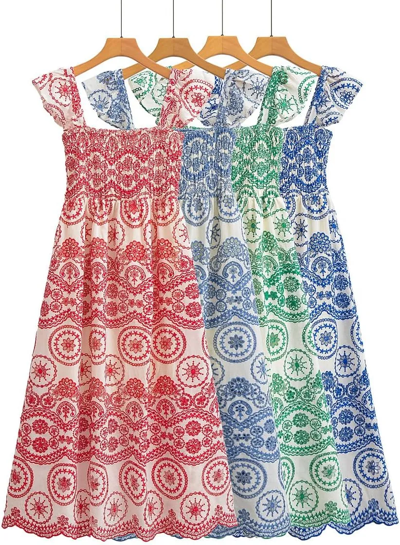 Melliflo Women Casual Bohemian Floral Embroidered Dress Casual Smocked Strap Open Back Swing Shift Sundress Party Beach Dress