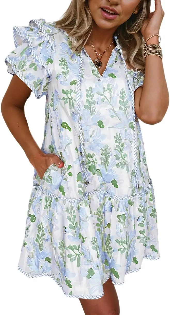 Melliflo Women's Boho Floral Stripe Contrast Edge Layered Short Sleeve Summer Mini Dresses Ruffle Casual Babydoll Dresses