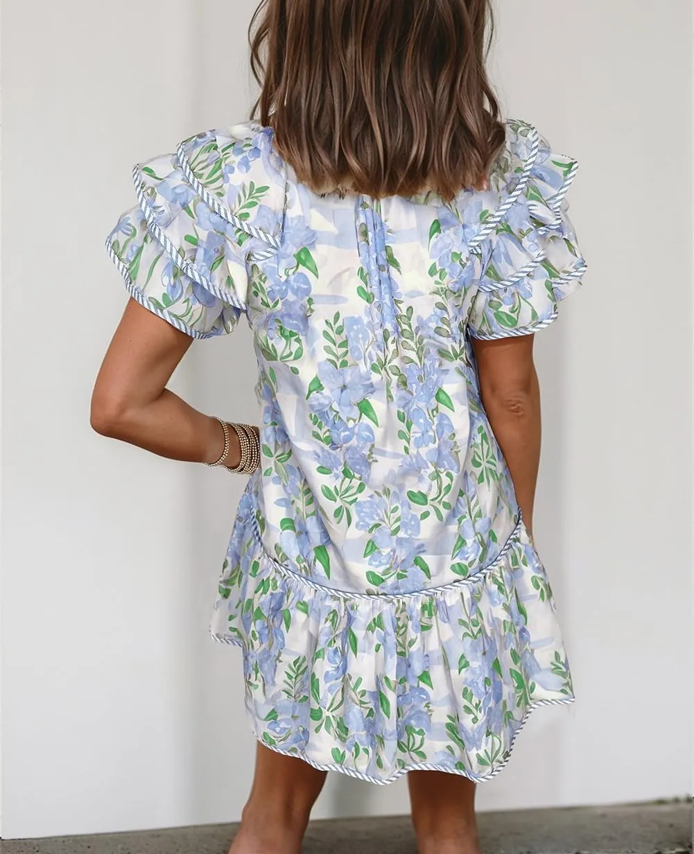 Melliflo Women's Boho Floral Stripe Contrast Edge Layered Short Sleeve Summer Mini Dresses Ruffle Casual Babydoll Dresses