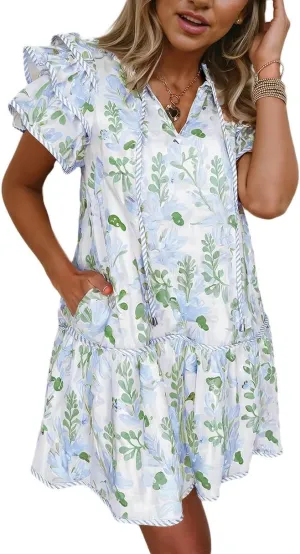 Melliflo Women's Boho Floral Stripe Contrast Edge Layered Short Sleeve Summer Mini Dresses Ruffle Casual Babydoll Dresses