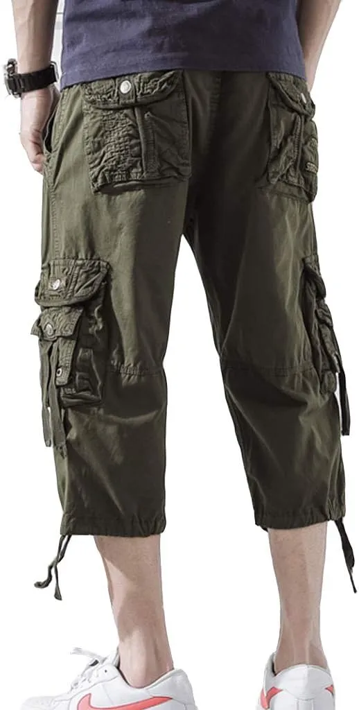 Mens Cargo Shorts 3/4 Relaxed Fit Below Knee Capri Cargo Pants Cotton
