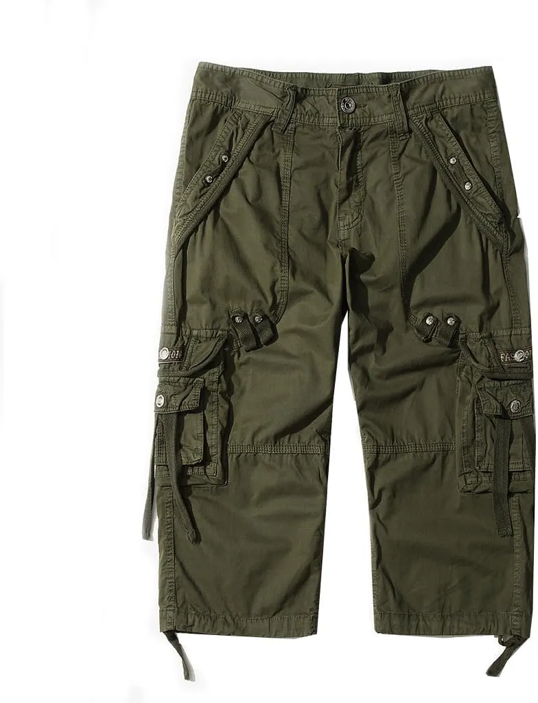 Mens Cargo Shorts 3/4 Relaxed Fit Below Knee Capri Cargo Pants Cotton