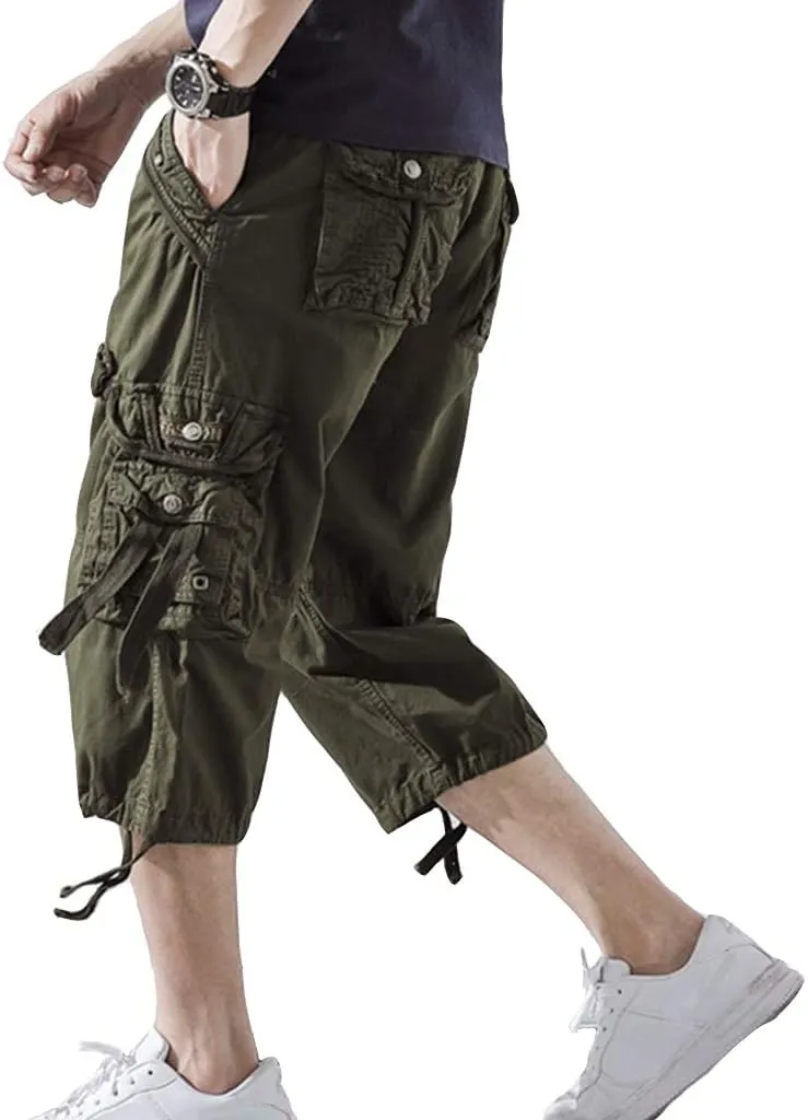 Mens Cargo Shorts 3/4 Relaxed Fit Below Knee Capri Cargo Pants Cotton