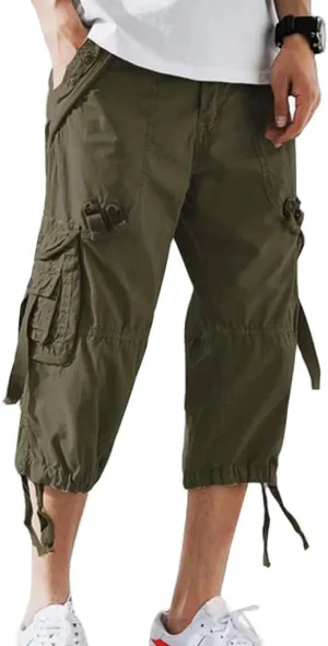 Mens Cargo Shorts 3/4 Relaxed Fit Below Knee Capri Cargo Pants Cotton