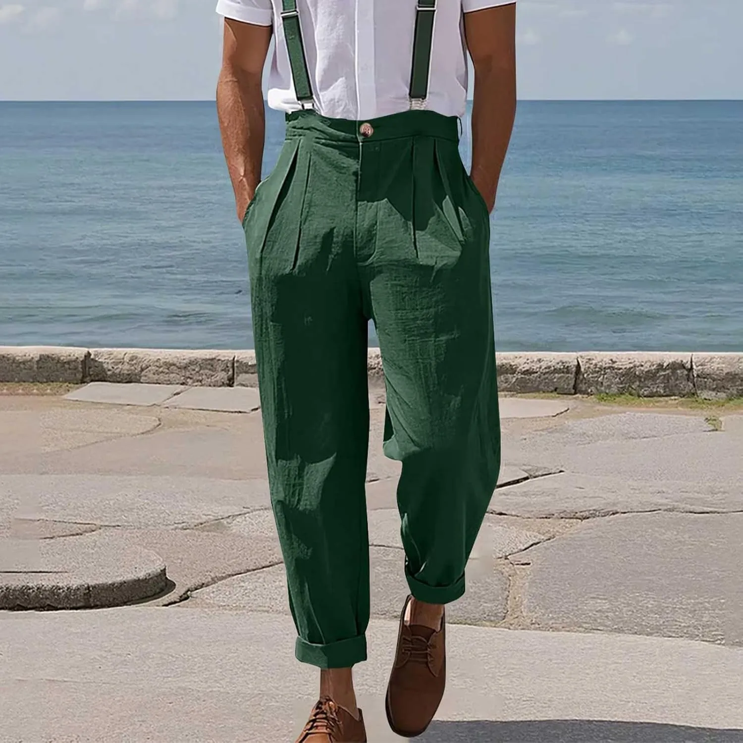 Mens Linen Pants Casual Front Pleated Yoga Pant Summer Outdoor Vacation Beach Lightweight Trousers Open Bottom Slacks