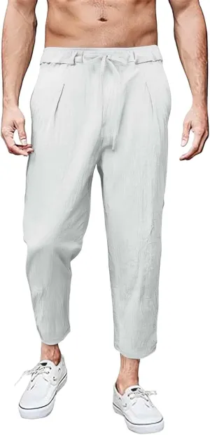 Men's Linen Pants Plus Size Plain Casual Pant Summer Outdoor Vacation Beach Trousers Lightweight Open Bottom Slacks