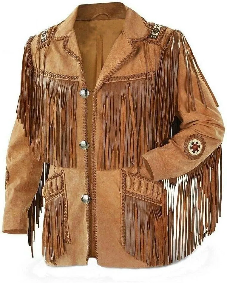 Men's Western Cowboy Fringed Leather Jacket -Tan Brown (as1, alpha, 4x_l, regular, regular)