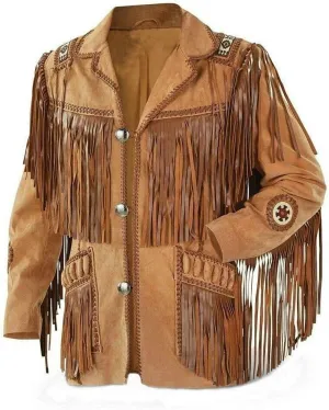 Men's Western Cowboy Fringed Leather Jacket -Tan Brown (as1, alpha, 4x_l, regular, regular)