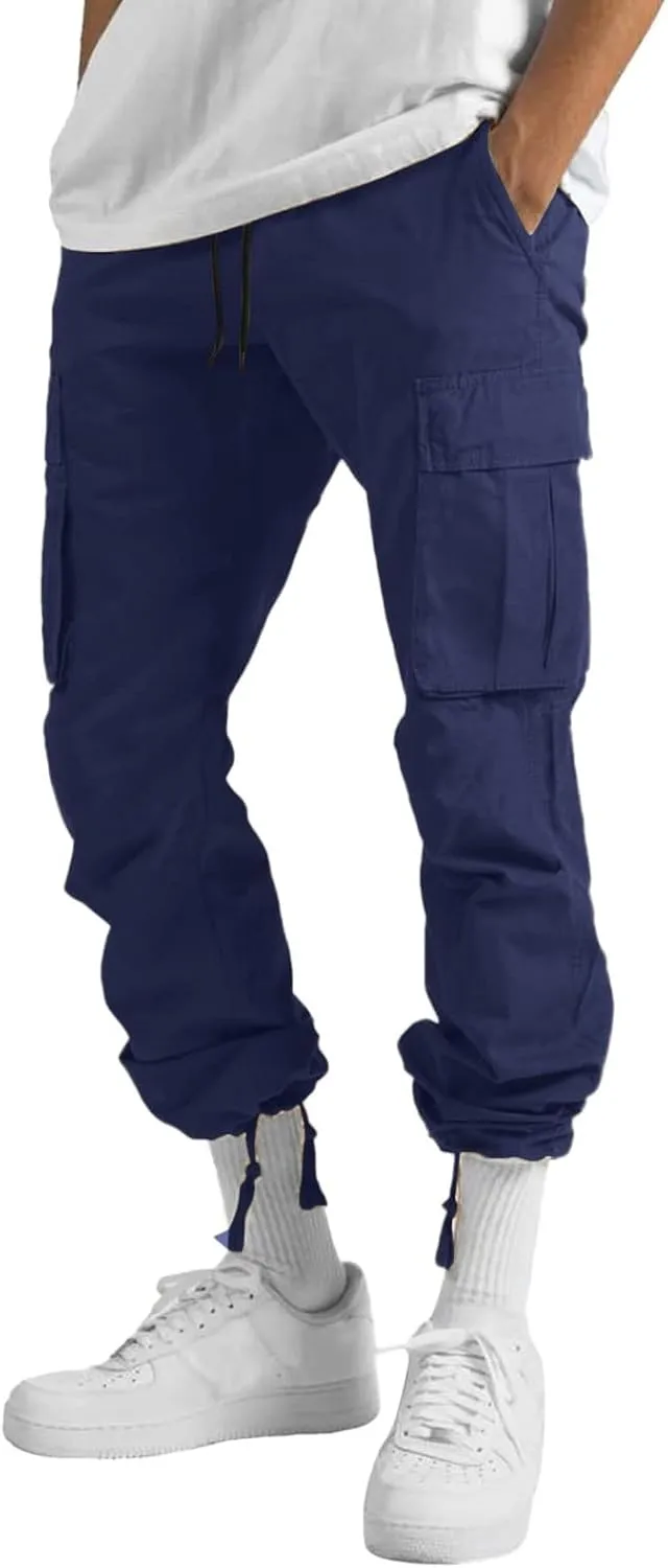 Mens Workout Cargo Sweatpants Pants Stretch Slim Fit Workout Bodybuilding Sweatpants Work Pants for Men with Pockets