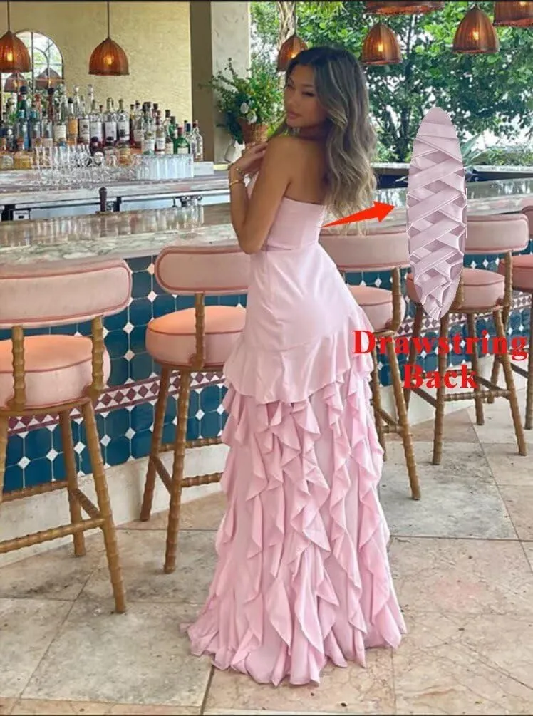 Mermaid Prom Dresses for Women 2025 Strapless Long Party Gown with Cascading Ruffles High Low Evening Dress Yellow