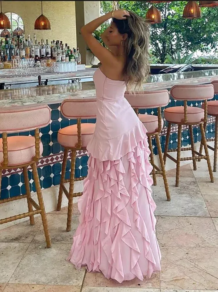 Mermaid Prom Dresses for Women 2025 Strapless Long Party Gown with Cascading Ruffles High Low Evening Dress Yellow