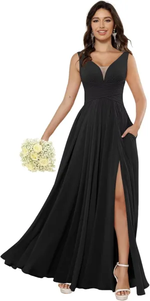 Miao Duo Women's Simple Chiffon Bridesmaid Dresses with Pockets Long V Neck Formal Dresses with Slit YZTS138