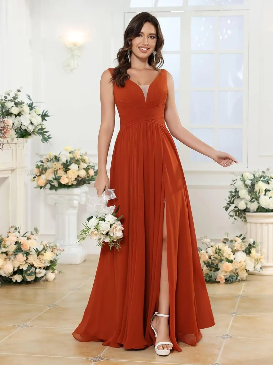 Miao Duo Women's Simple Chiffon Bridesmaid Dresses with Pockets Long V Neck Formal Dresses with Slit YZTS138