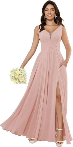 Miao Duo Women's Simple Chiffon Bridesmaid Dresses with Pockets Long V Neck Formal Dresses with Slit YZTS138