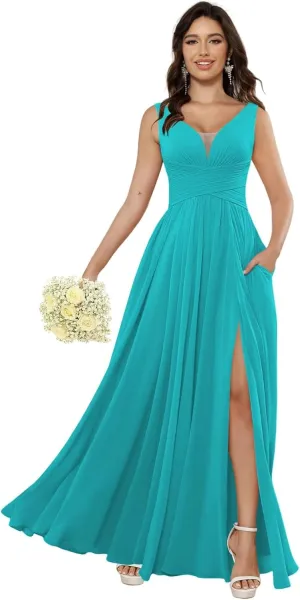 Miao Duo Women's Simple Chiffon Bridesmaid Dresses with Pockets Long V Neck Formal Dresses with Slit YZTS138