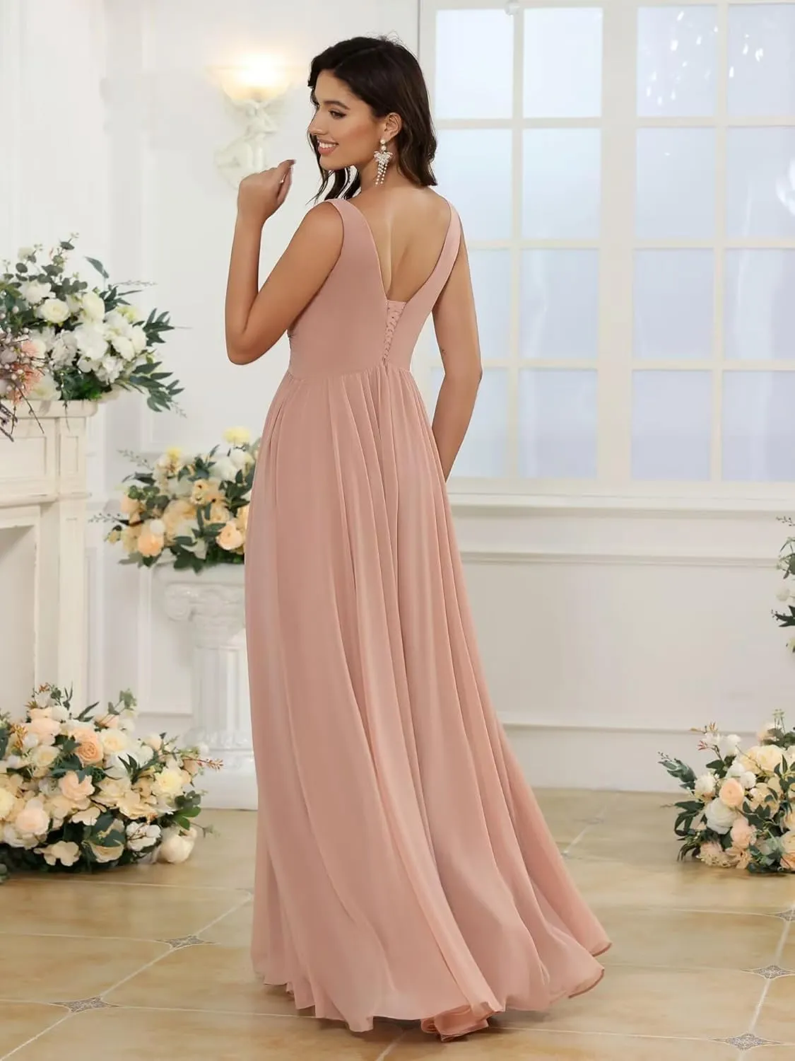 Miao Duo Women's Simple Chiffon Bridesmaid Dresses with Pockets Long V Neck Formal Dresses with Slit YZTS138