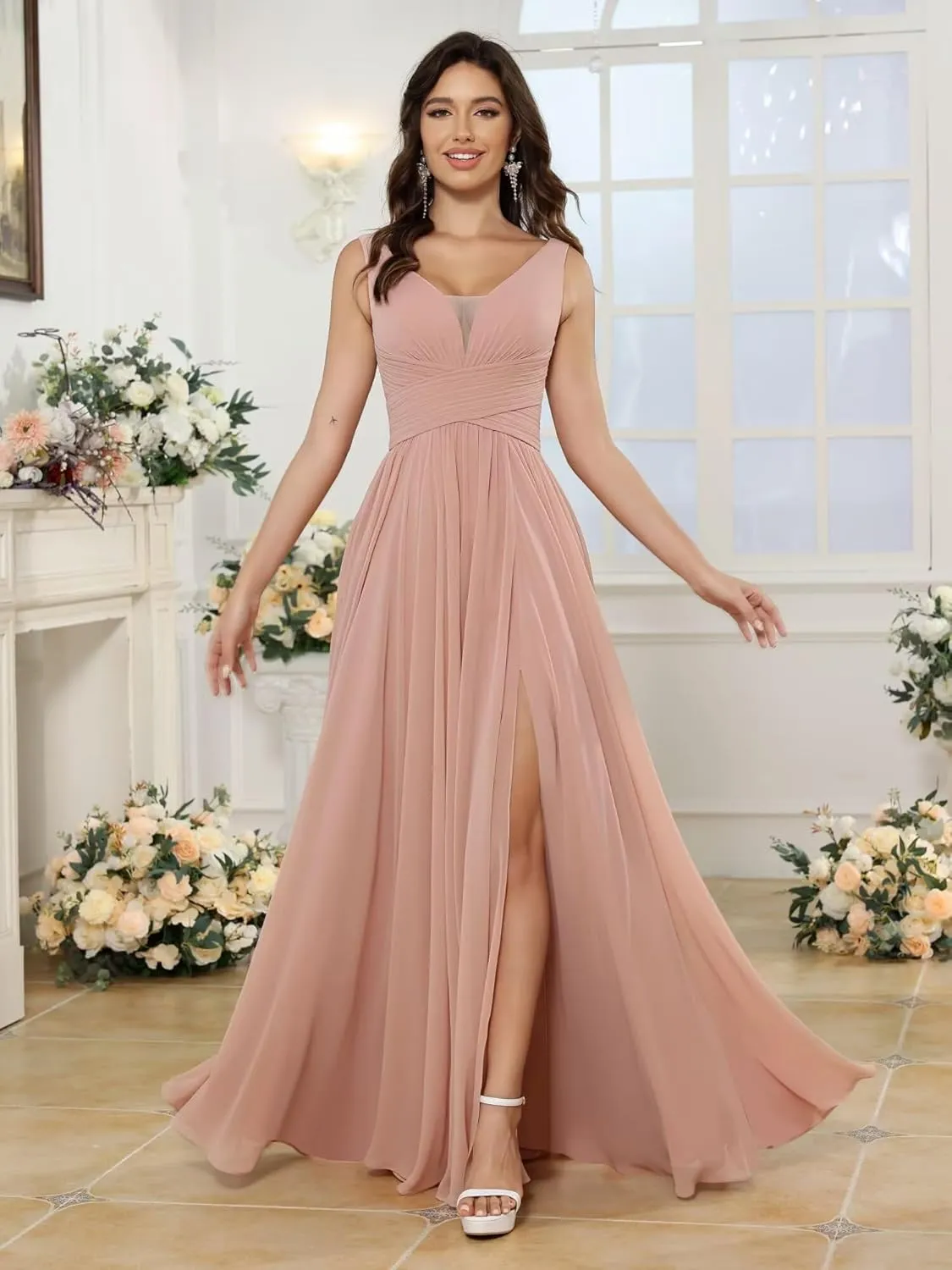 Miao Duo Women's Simple Chiffon Bridesmaid Dresses with Pockets Long V Neck Formal Dresses with Slit YZTS138