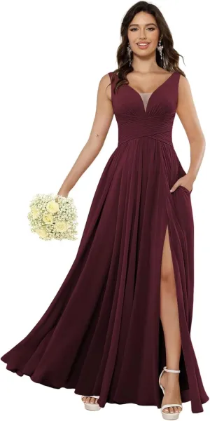 Miao Duo Women's Simple Chiffon Bridesmaid Dresses with Pockets Long V Neck Formal Dresses with Slit YZTS138
