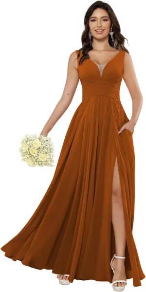 Miao Duo Women's Simple Chiffon Bridesmaid Dresses with Pockets Long V Neck Formal Dresses with Slit YZTS138