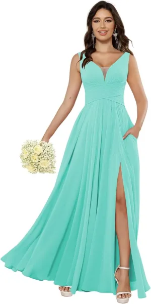 Miao Duo Women's Simple Chiffon Bridesmaid Dresses with Pockets Long V Neck Formal Dresses with Slit YZTS138