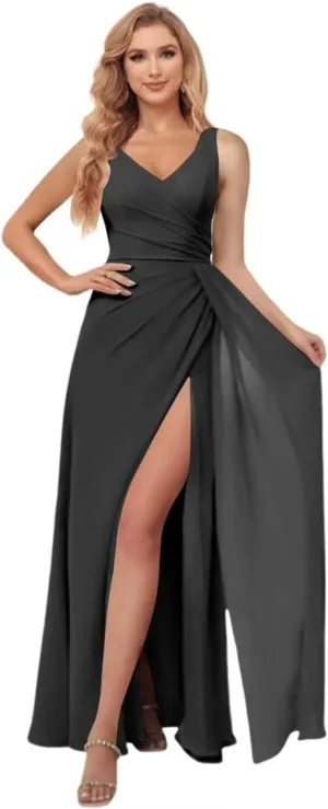 Miao Duo Women's Simple Chiffon Bridesmaid Dresses with Wrap Train Long V Neck Formal Dresses with Slit YZTS155