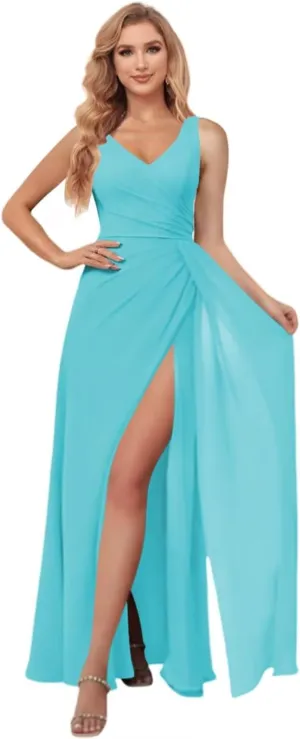 Miao Duo Women's Simple Chiffon Bridesmaid Dresses with Wrap Train Long V Neck Formal Dresses with Slit YZTS155