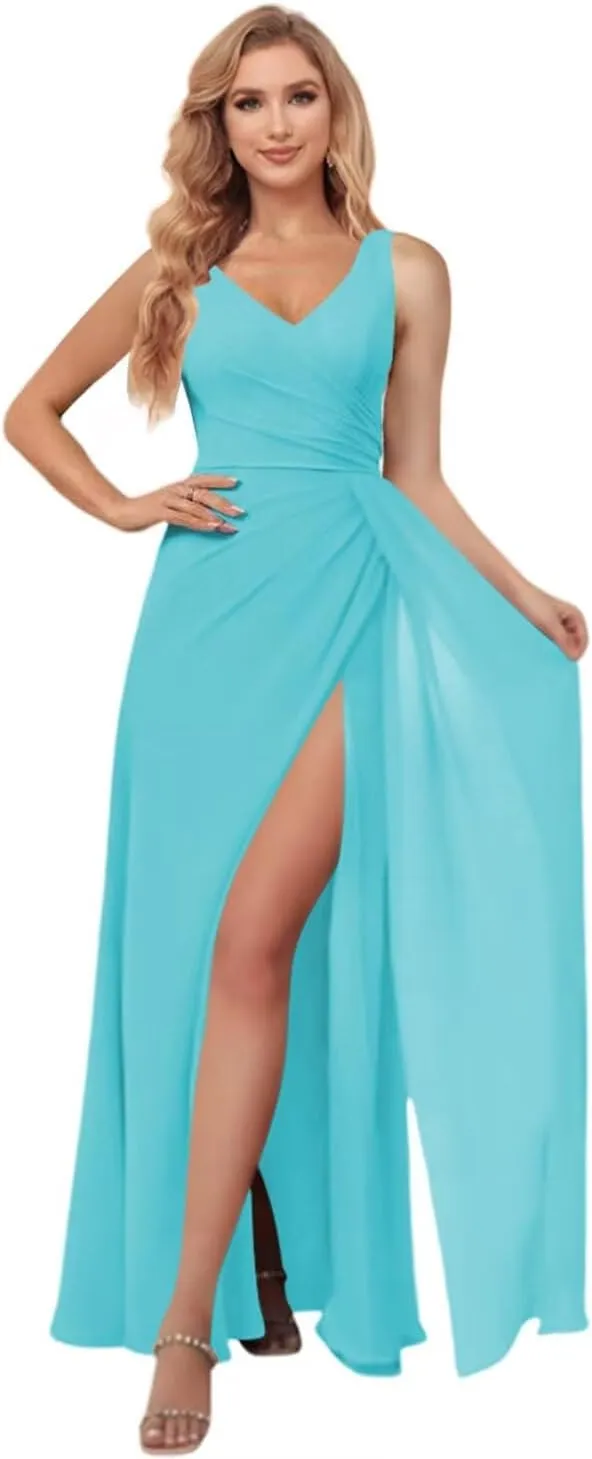 Miao Duo Women's Simple Chiffon Bridesmaid Dresses with Wrap Train Long V Neck Formal Dresses with Slit YZTS155