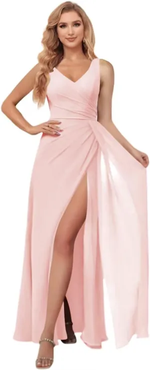 Miao Duo Women's Simple Chiffon Bridesmaid Dresses with Wrap Train Long V Neck Formal Dresses with Slit YZTS155