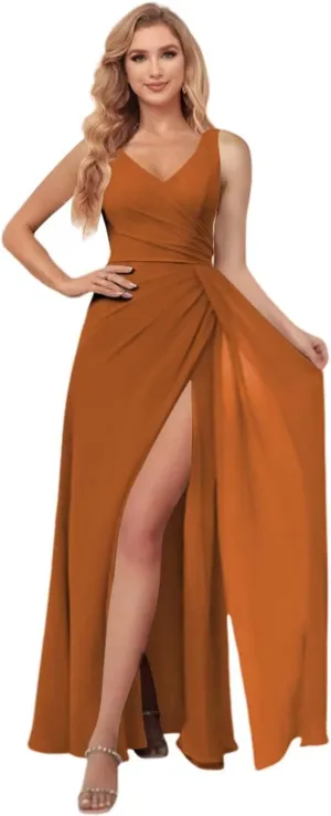 Miao Duo Women's Simple Chiffon Bridesmaid Dresses with Wrap Train Long V Neck Formal Dresses with Slit YZTS155