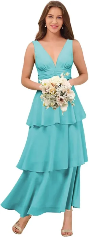 Miao Duo Women's Simple Chiffon Tired Bridesmaid Dresses Long V Neck A Line Formal Dresses YZTS246