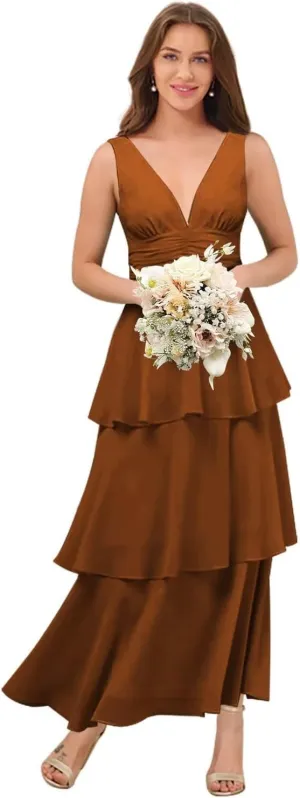 Miao Duo Women's Simple Chiffon Tired Bridesmaid Dresses Long V Neck A Line Formal Dresses YZTS246