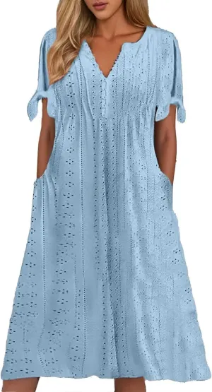 Midi Dresses for Women Casual Short Sleeve Summer Wedding Guest Eyelet Long Dress Beach Vacation Sundress for Women 2025